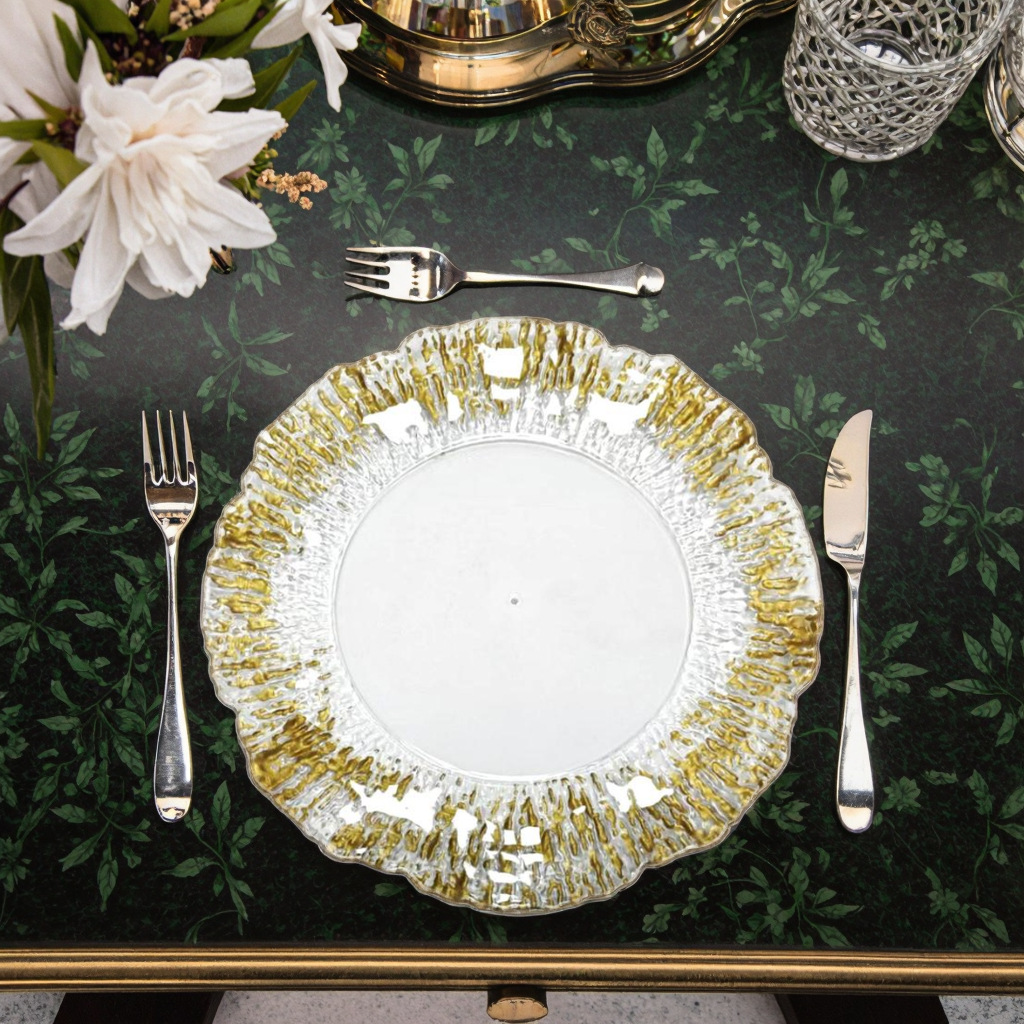 Placa de cargador flor de sol patrón de árbol cristal de plástico chapado en oro bandeja de frutas de plástico cojín de filete de alta calidad