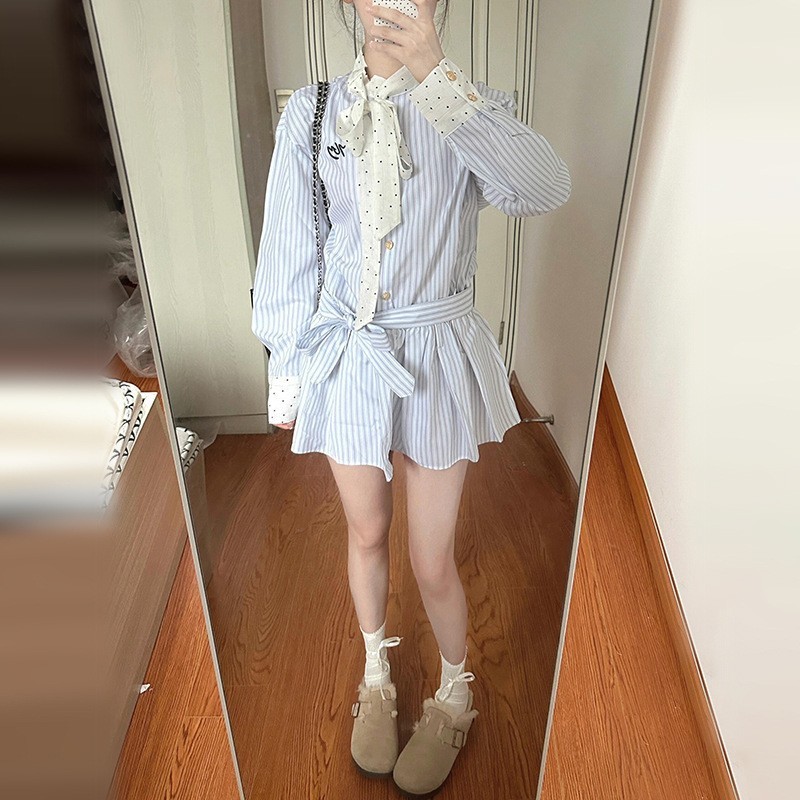 学院风长袖条纹衬衫连衣裙子女夏季韩系小个子收腰设计高级感穿搭|undefined