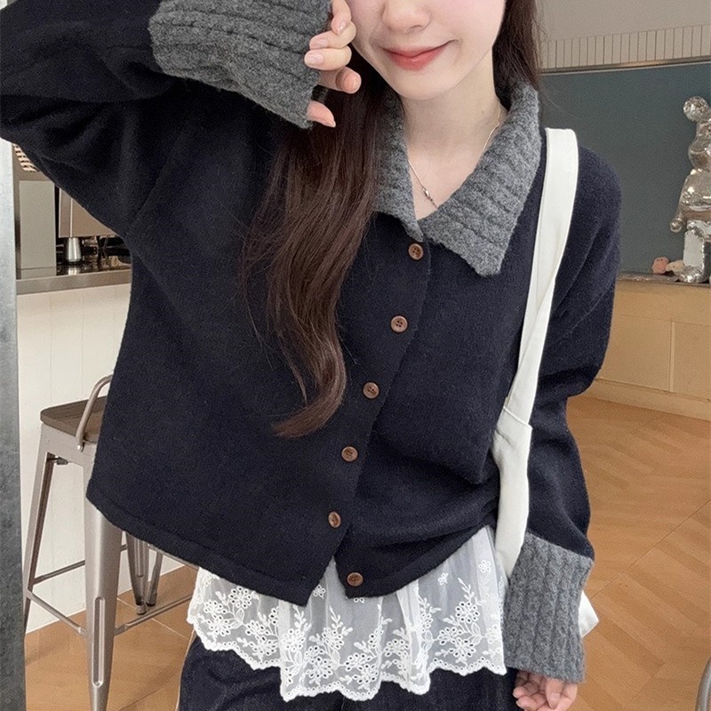 温柔风条纹翻领针织衫开衫女2025年秋季新款慵懒风宽松毛衣女外套|undefined