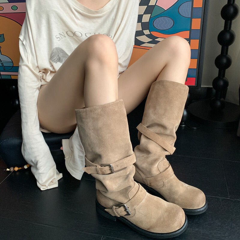 [in Stock] Retro Suede Slouchy Boots with Belt Buckle, High-Top Riding Boots for Women, Slimming Thick-Heeled Over-The-Knee Long Boots