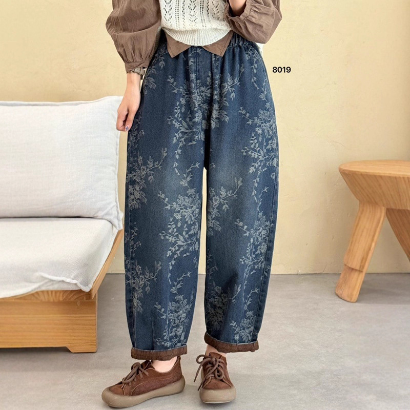 印花牛仔哈伦裤女 2025秋新款松紧腰复古文艺宽松翻边九分裤 8019|undefined