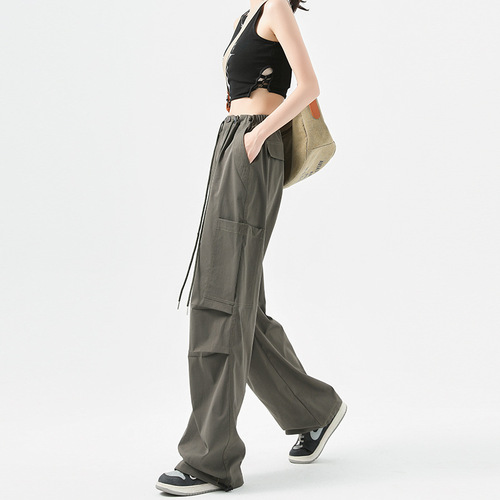 Women's Summer Thin High-Waisted Wide Leg Parachute Pants Workwear Cargo Pants Loose Fitting American Style Sporty Trousers