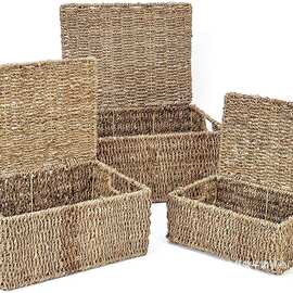 矩形海草篮盖3 件套收纳置物筐编织篮带盖桌面整理杂物筐带盖篮子