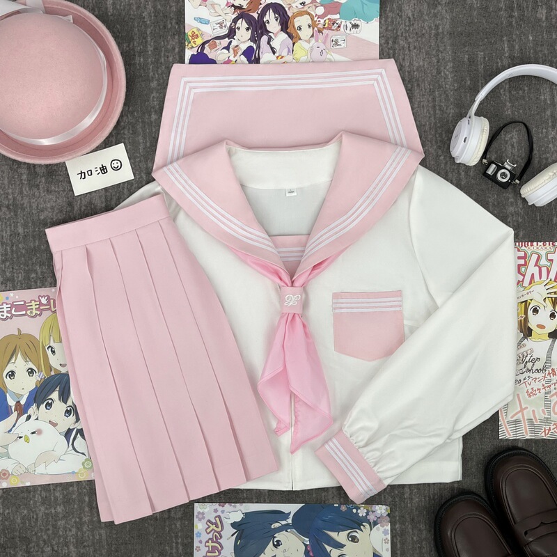 オリジナル JK 制服ピンク襟白三セーラー服本物の日本のカレッジスタイル夏秋女子学生クラス制服中間服|undefined