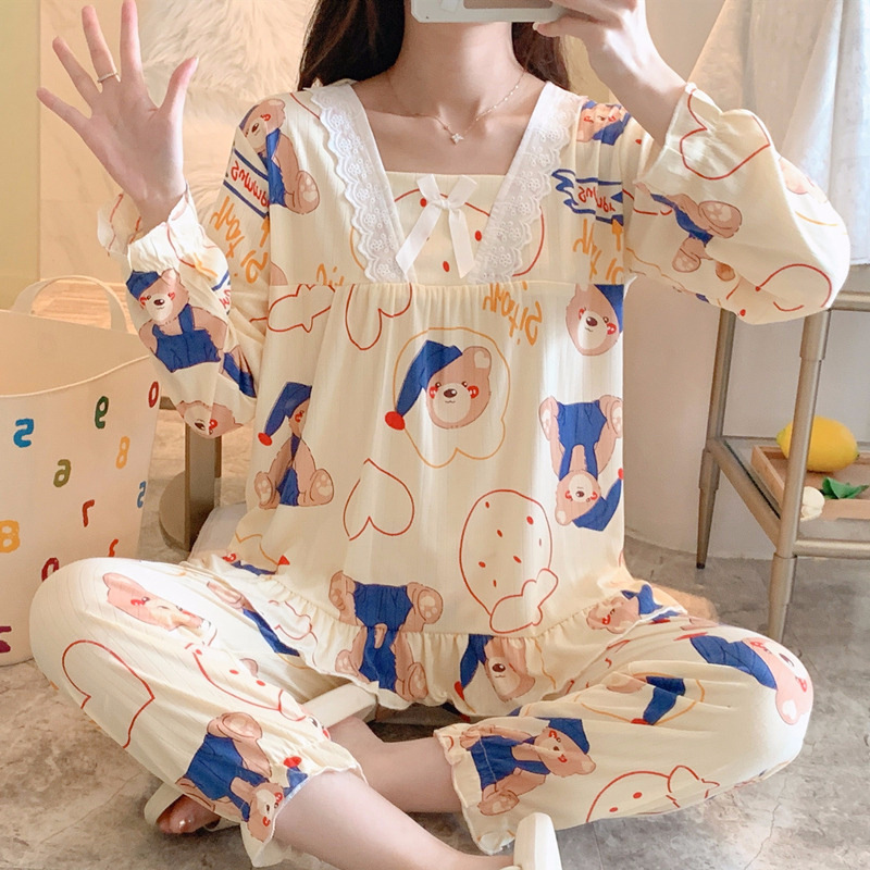 Spring and Autumn New Pajamas Women's Pit Strip Doll Collar Lace Princess Style Milk Silk Long Sleeve Cartoon Home Clothes Set