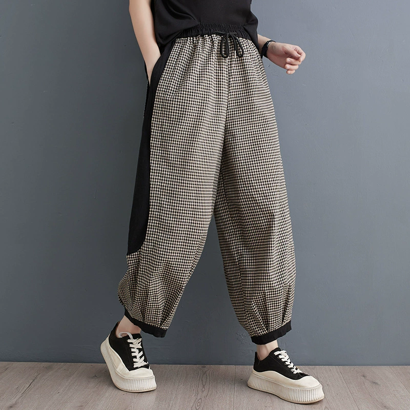 Летние ретро брюки, oversize, хлопок и лен, эластичная талия