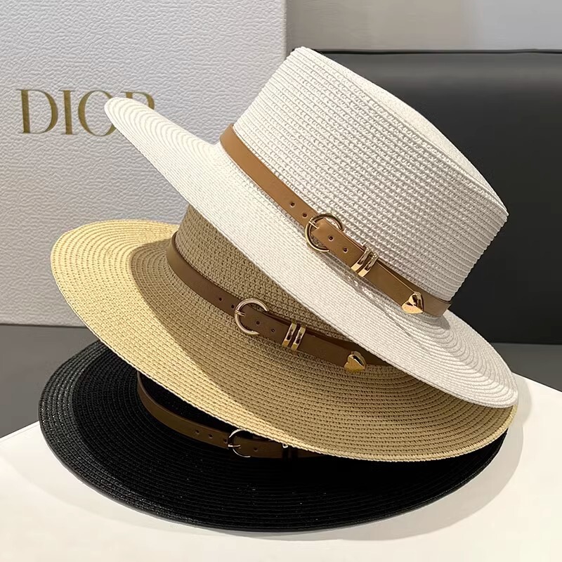 2026 New Spring and Summer Straw Flat-Top Hat for Women, French Retro Style, Flat Brim, Travel Beach Sun Protection Hat