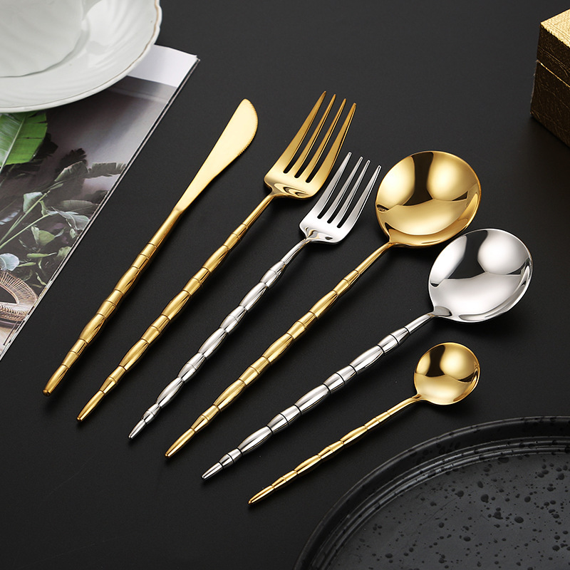 Factory bamboo 304 stainless steel knife, fork and spoon Western tableware Hotel Golden steak knife, fork dessert fork suit Factory bamboo 304 stainless steel knife, fork and spoon Western tableware Hotel Golden steak knife, fork dessert fork suit