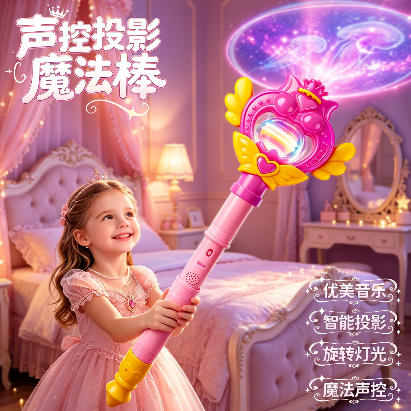 Girl's Sensitive Telescopic Magic Wand, Voice-Controlled Projector, Fairy Wand, Little Princess Rotating Musical Light-Up Toy