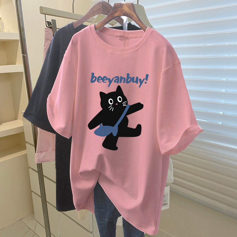 サメパンツ付き純綿半袖Tシャツレディースミドル丈ゆったりカジュアル大きいサイズトップスピンクボトムシャツ夏|undefined
