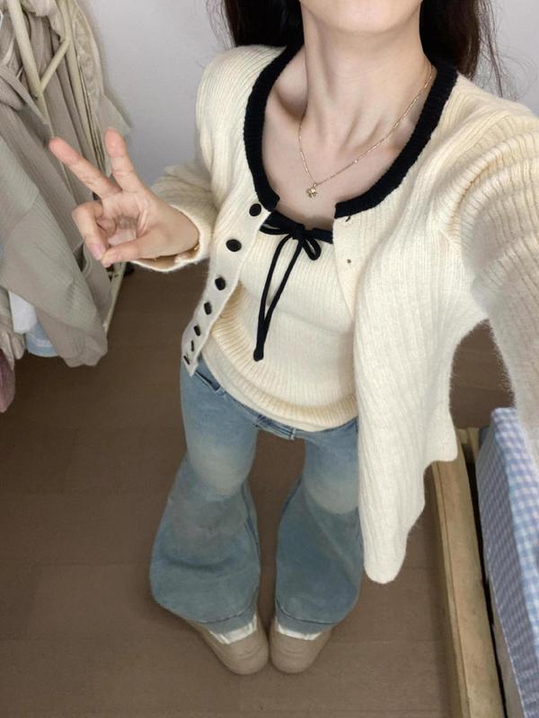 韩系针织开衫配吊带女早秋季新款软糯毛衣外套外搭上衣氛围感穿搭|undefined