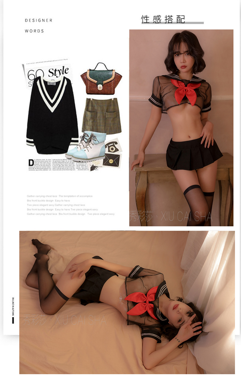 Xiucaisha Sailor Uniform Lingerie Set, Sheer Mesh Top, Skirt and Panty with Bowknot Detail — detail image 6