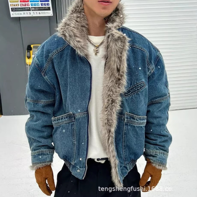 Cross-Border American-Style Washed Vintage Short Faux Fur Thickened Denim Jacket Men's Workwear Warm Cotton Coat
