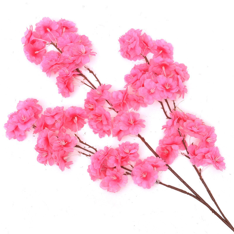 Ramas de Sakura con flores artificiales de tres puntas para decoración de interiores y exteriores en centros comerciales, ramas de flores de seda con enredaderas de cuatro puntas y tallos extendidos.