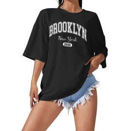 BROOKLYN图案印花大码落肩女式T恤夏季时尚休闲女式上衣慵懒风