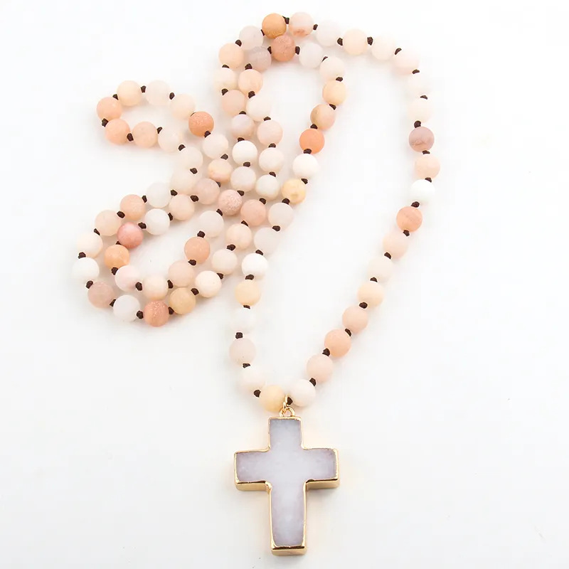 85g Weight Long Necklace Classification Natural Stone Chain Material Beaded Chain Chain Type 1 Piece Quantity Family Gathering, Date, Tea Party Occasion natural stone Material Cross Pattern Unisex Gender Bohemian Style Bohemian Cross Natural Stone Beaded Chain Long Necklace In Bulk 1