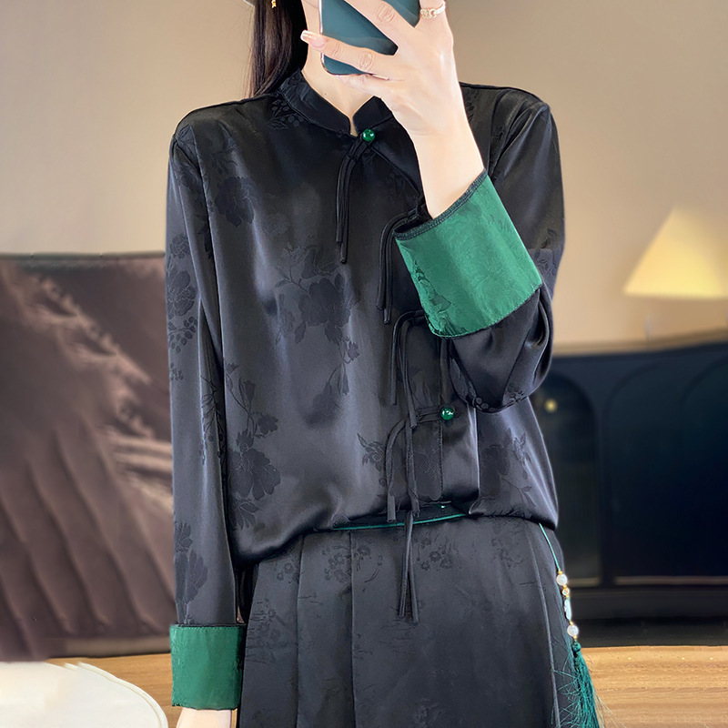 Diagonal Placket Plate Button Acetate Shirt for Women Spring & Fall New National Style Tang Suit Classy Satin Jacquard New Chinoiserie Long-sleeved Top