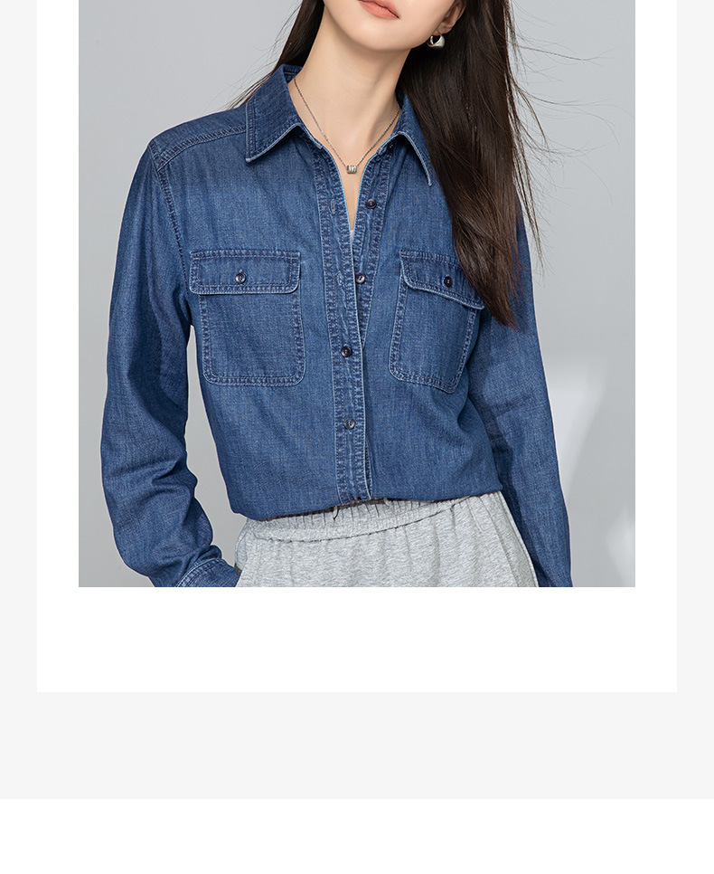 Áo sơ mi denim nữ dài tay phong cách Hàn Quốc, mặc lót hoặc mặc ngoài, tôn dáng gầy — Màu xanh lam chi tiết 3