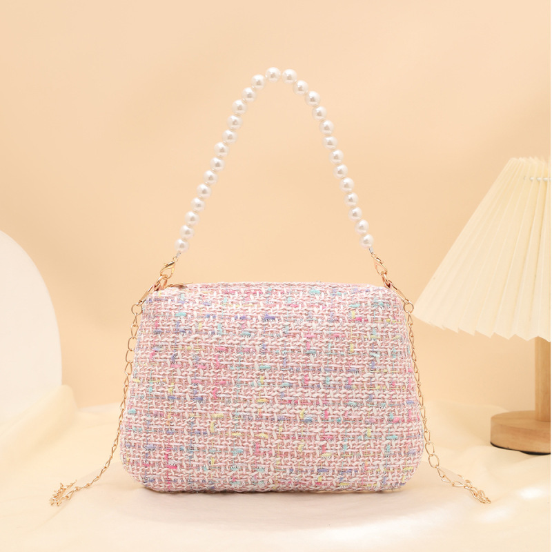 Korean-Style Gentle Tweed Pearl Chain Handbag Crossbody Bag Versatile High-End for Work, Dating, and Shopping