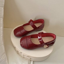 2024女童春夏新款小香风公主皮鞋玛丽珍红色漆皮拼色女孩纯色单鞋