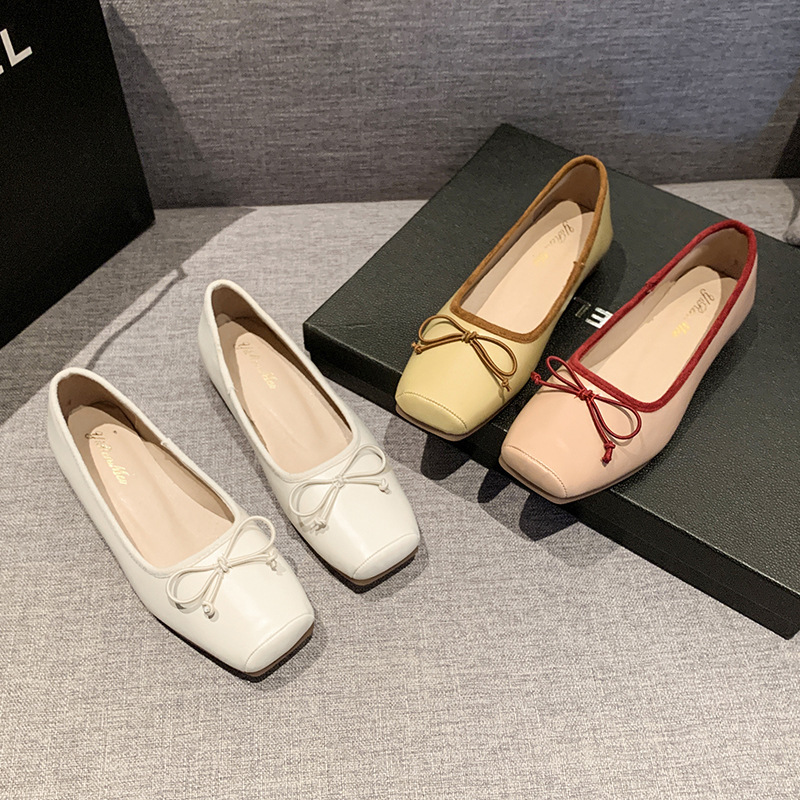 Meitai New Square Head Shallow Bow Color Ballet Shoes Commuter Mary Jane High Heels Women's Leather
