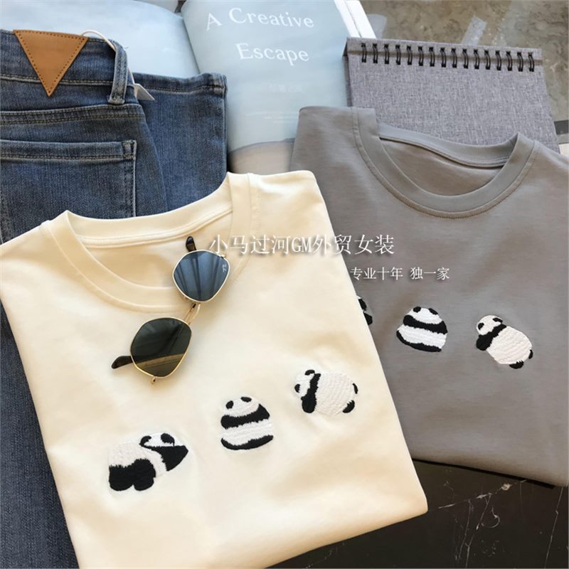 Summer Panda Embroidery Loose Round Neck White Short-Sleeve T-Shirt for Women 2026 New Design Niche Top