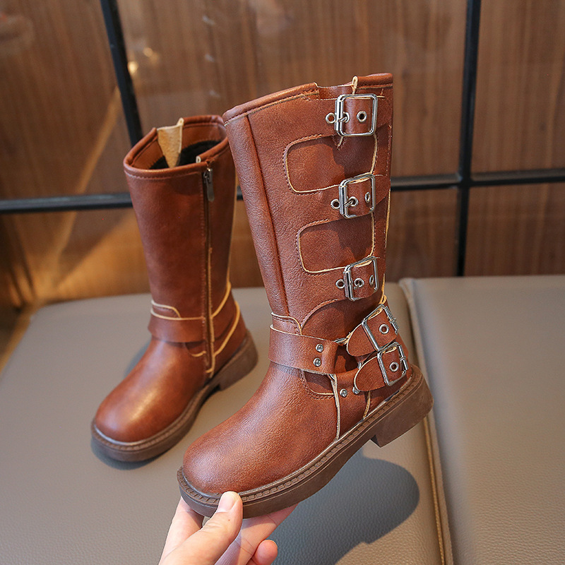 Bottes Martin montantes en cuir noires à fermeture éclair latérale pour filles et garçons de taille moyenne et grande, nouvelle collection automne 2024_voghion.com