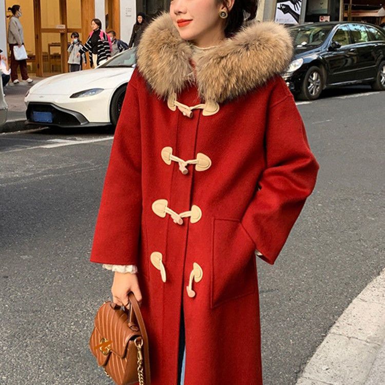 新年圣诞红色中长款呢子大衣女冬年新款女装小香风牛角扣外套