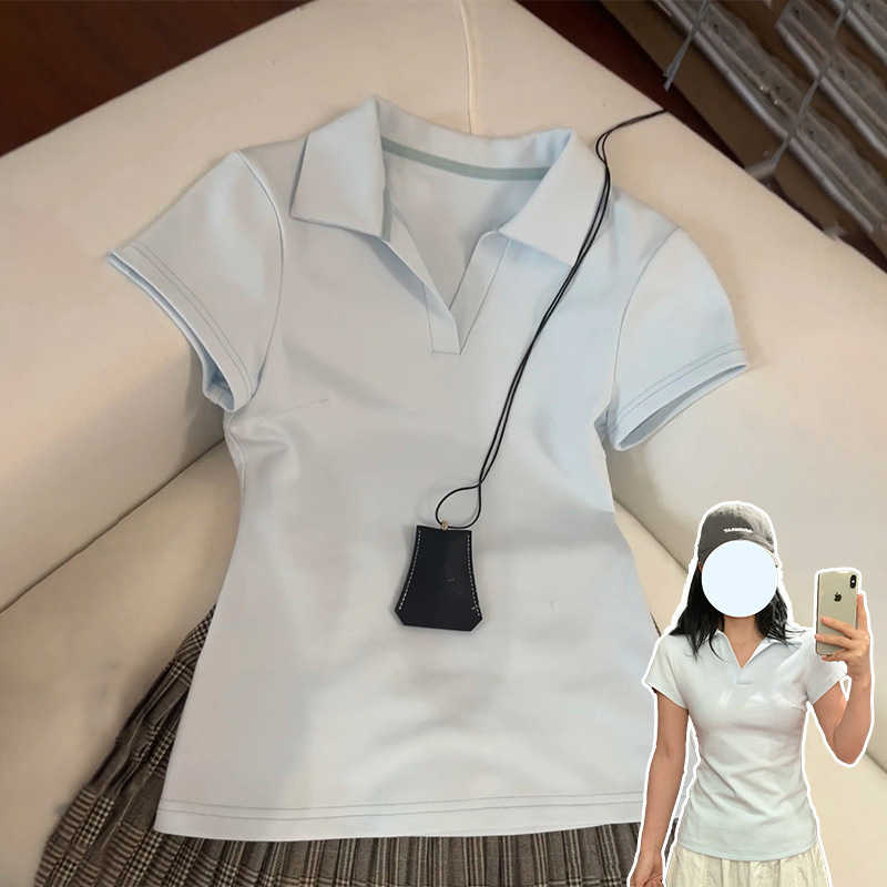 ブルーポロカラーショルダー半袖Tシャツ女性用2025新しい純綿スリムウエスト半袖ラペルショートトップ|undefined