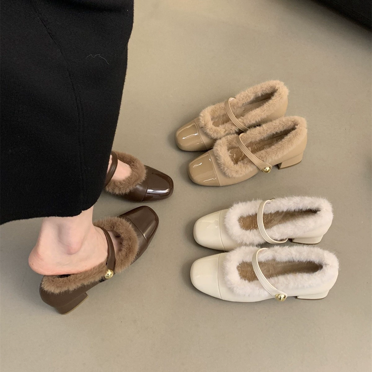 Туфли на толстом каблуке Mary Jen женские зимние 2024 новые французские вечерние меховые туфли