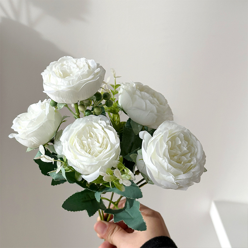 5-cabeza peonía flor artificial persa Rosa pequeño mango manojo flor falsa sala de estar Decoración de mesa decoración del hogar Decoración de la boda