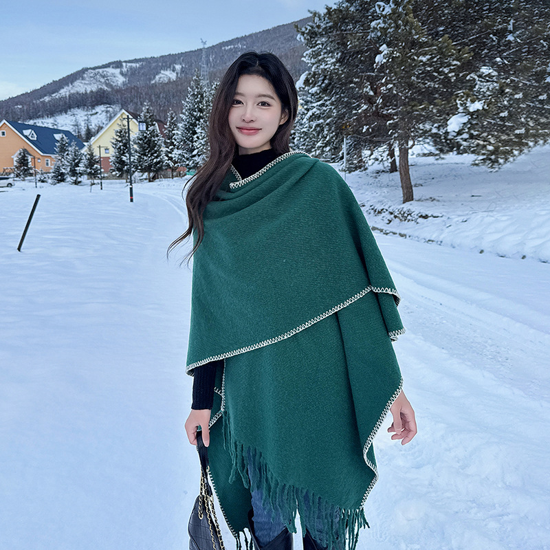 Capa para mujer de otoño/invierno, color sólido, bufanda cálida integrada, capa gruesa de viaje