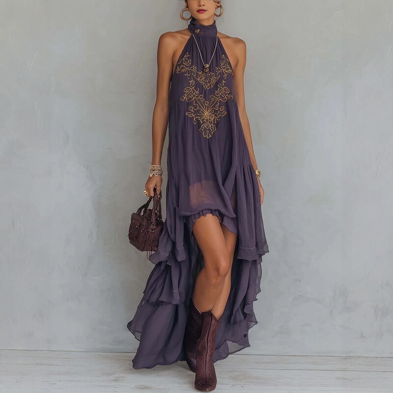 2026 European and American Style Independent Fashion Purple Embroidered High-Neck Sleeveless Ruffle Long Dress Cross-Border Fashion Dress 2026 European and American Style Independent Fashion Purple Embroidered High-Neck Sleeveless Ruffle Long Dress Cross-Border Fashion Dress