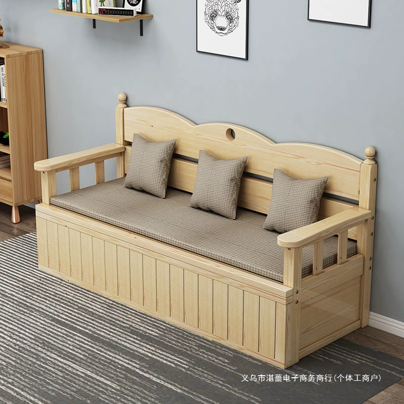 Диван-кровать из массива дерева, маленькая квартира, складной двуспальный диван, гостиная, многофункциональная односпальная кровать для сидения и сна, экономичная