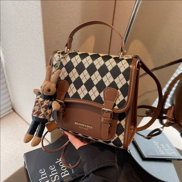 2025秋冬新款百搭格子双肩包女撞色外出手提包通勤百搭单肩斜挎包