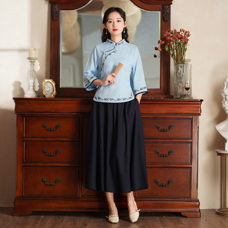 Republic of China Style Student Cheongsam Top Improved Retro May Fourth Youth Class Uniform Chinese Style Cotton and Linen Tang Suit Women's Suit Summer