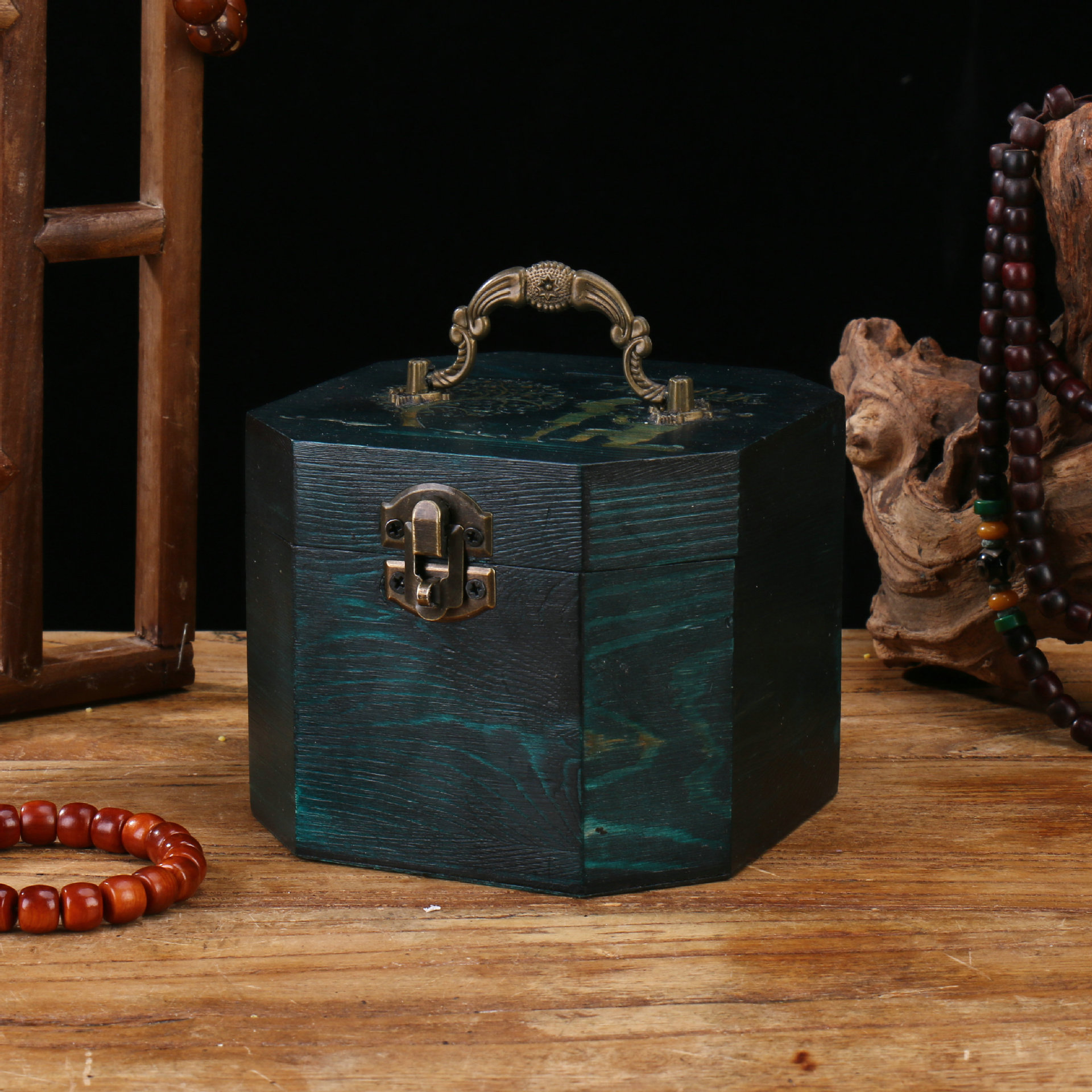 复古八角收纳盒桌面首饰盒带提手翻盖杂物整理木盒子礼品包装空盒