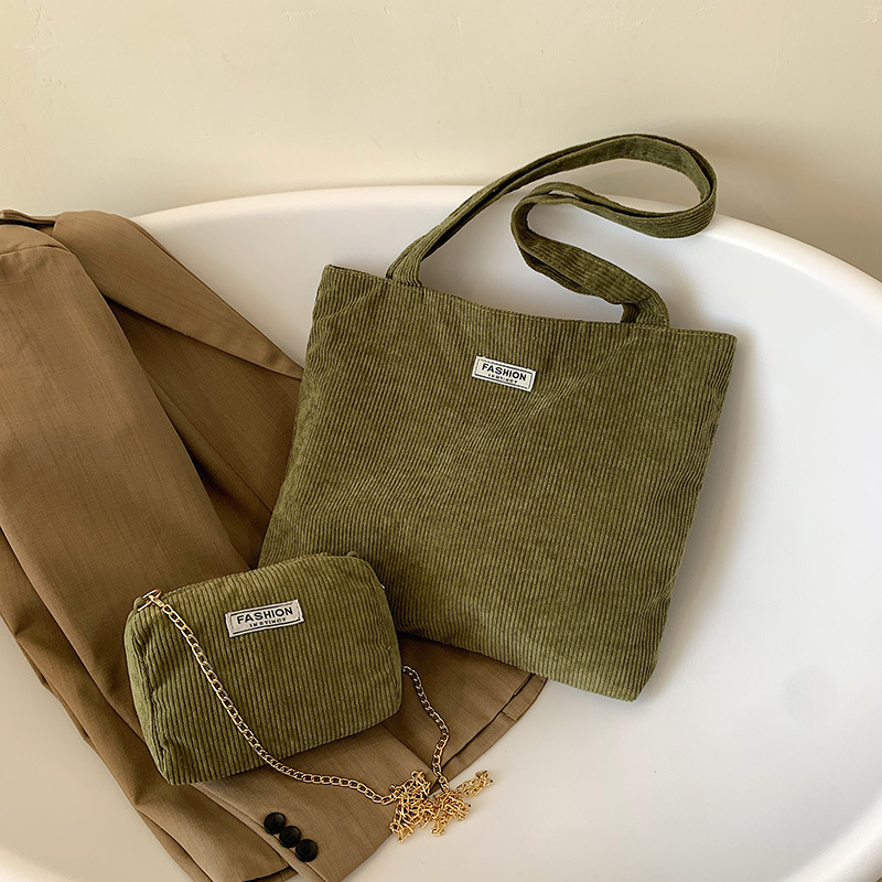 大容量灯芯绒帆布包2023新款文艺简约单肩斜挎条绒森系子母手提包