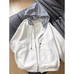 韩系慵懒风拼接条纹连帽拉链卫衣男女春秋高级感宽松百搭开衫外套