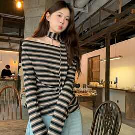 韩系复古条纹一字肩飘带长袖t恤女新款洋气辣妹修身收腰上衣