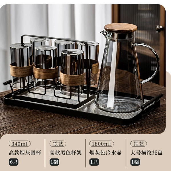 340ML ash wood ring cups x6+cup holder+kettle+wrought iron horizontal pattern tray☆
