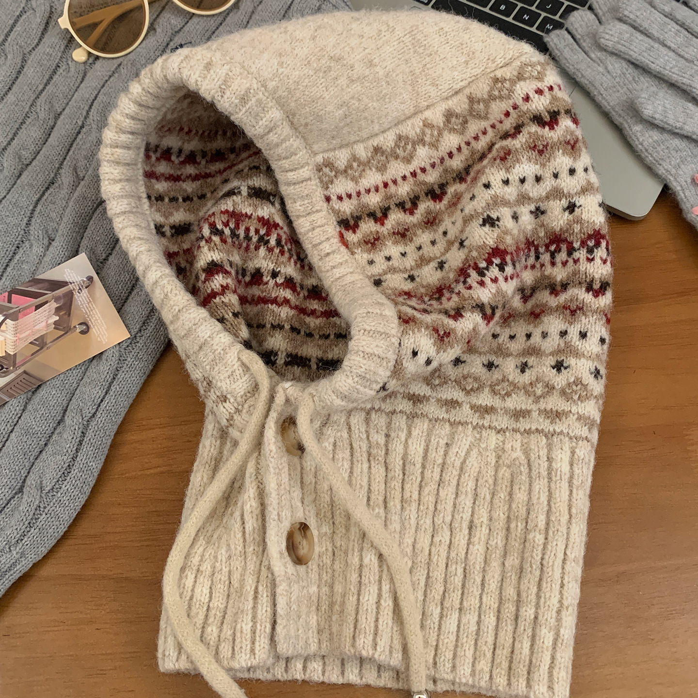 フェア島風毛糸帽子女子秋冬レトロ百合大頭囲保温ニット帽子顔小耳保護帽子