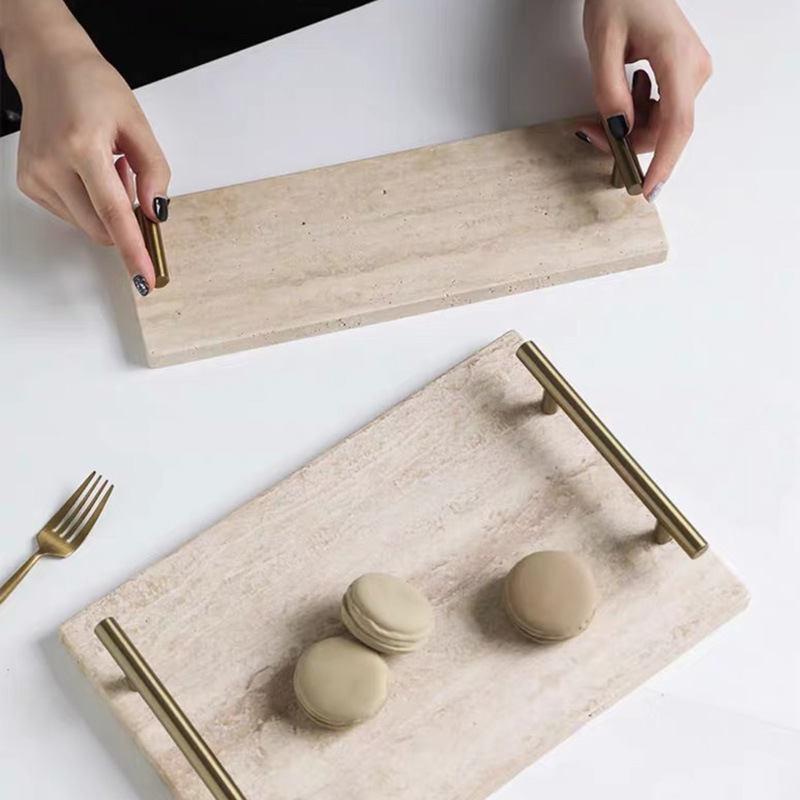 Bandeja de almacenamiento de travertino natural ins de estilo nórdico Disco de decoración del hogar retro de lujo ligero Disco de almacenamiento de mango dorado Escritorio