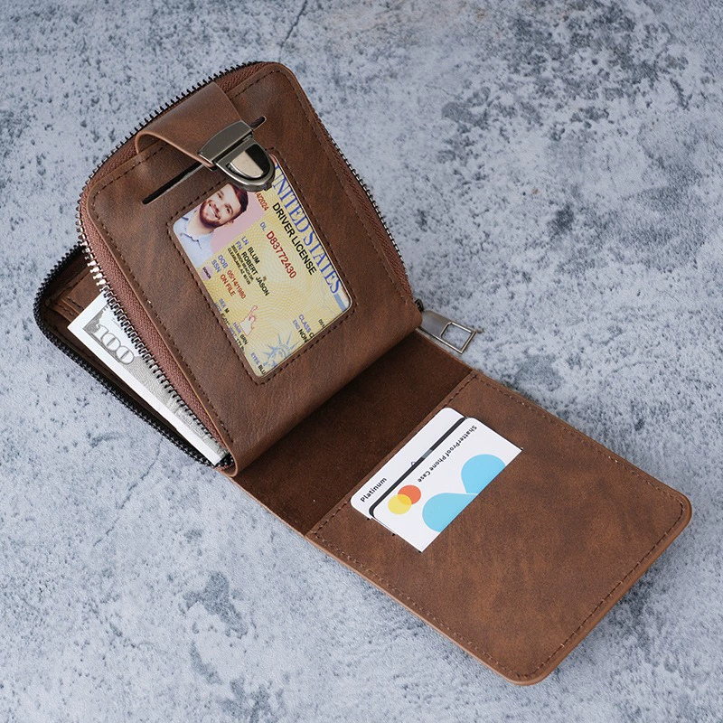 Short wallet with zipper, capacious retro bag