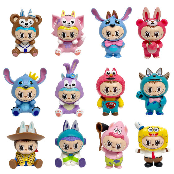 Cross-Border Best-Selling Six Labubu Figures Labubu Cos Stitch Spongebob Cartoon Model Ornaments