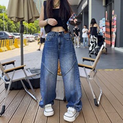 大码阔腿牛仔裤女秋季新款高腰胖显瘦宽松复古美式直筒裤子