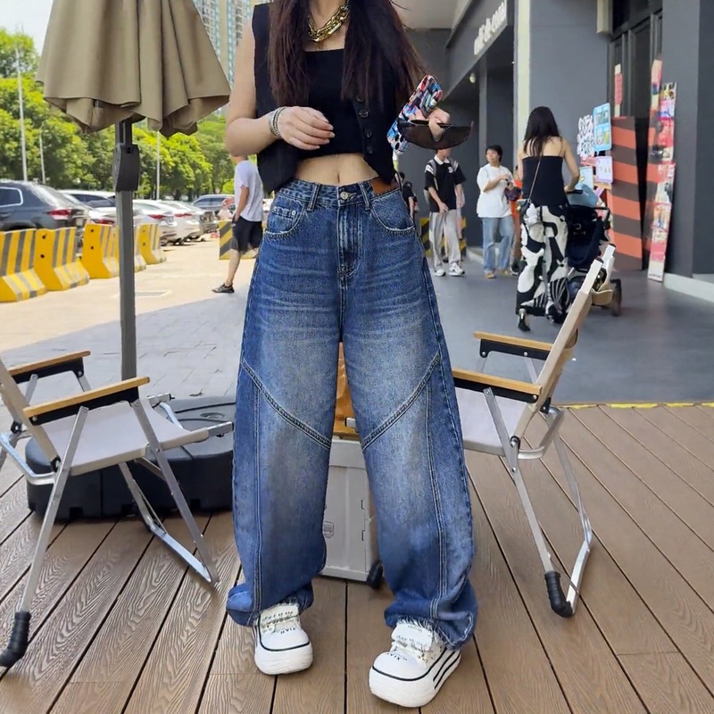 大码阔腿牛仔裤女秋季新款高腰胖显瘦宽松复古美式直筒裤子|undefined
