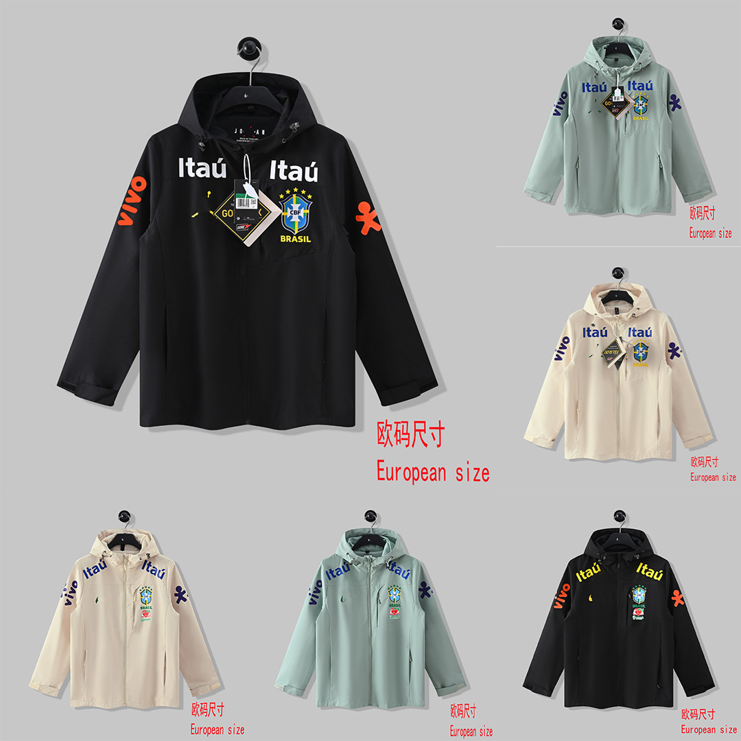 Brazilian football team-themed outerwear: European size Itaú printed hooded windbreaker, suitable for autumn and winter, offering wind protection and a casual, sporty look