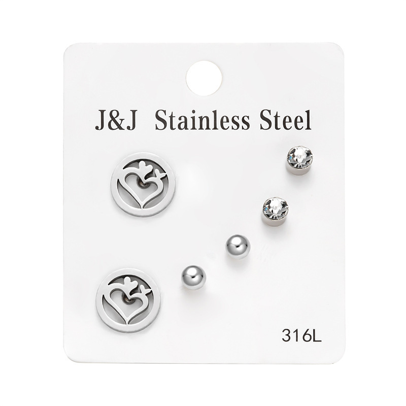 Hot Selling New 3 Pairs Of Heart-shaped Diamond Inlaid Combination Card Set Korean Version Fashionable Earrings_voghion.com