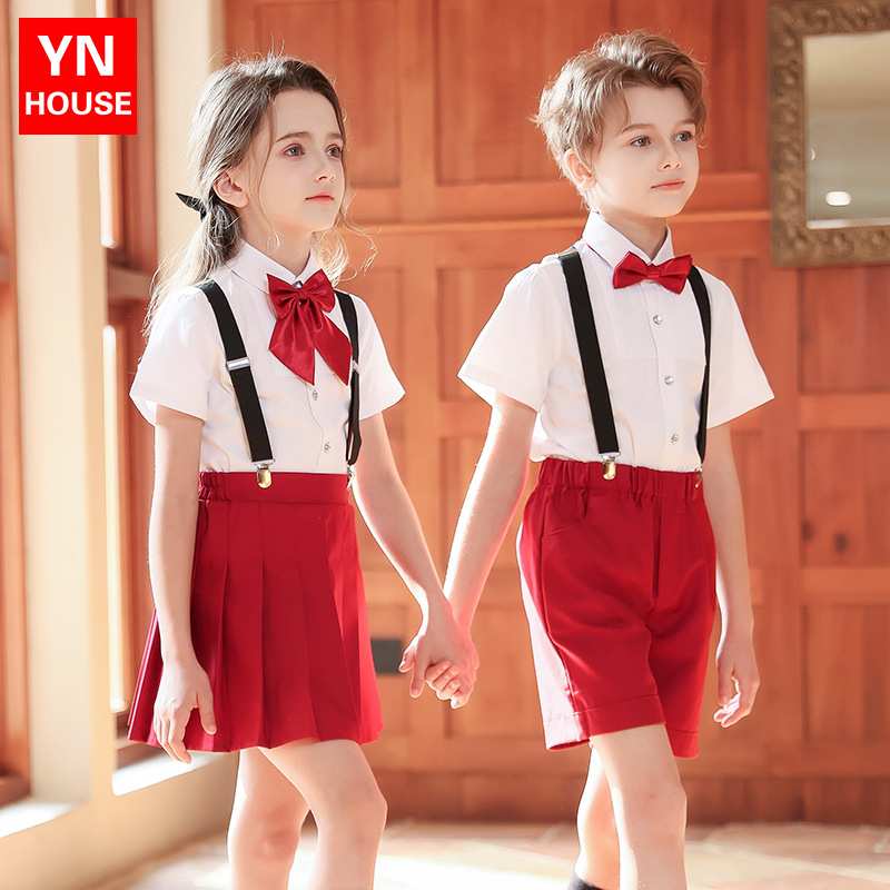 Traje de actuación de coro para niños Traje de actuación del día del niño para estudiantes de primaria y secundaria Traje de correa de jardín de infantes Vestido de niña rojo